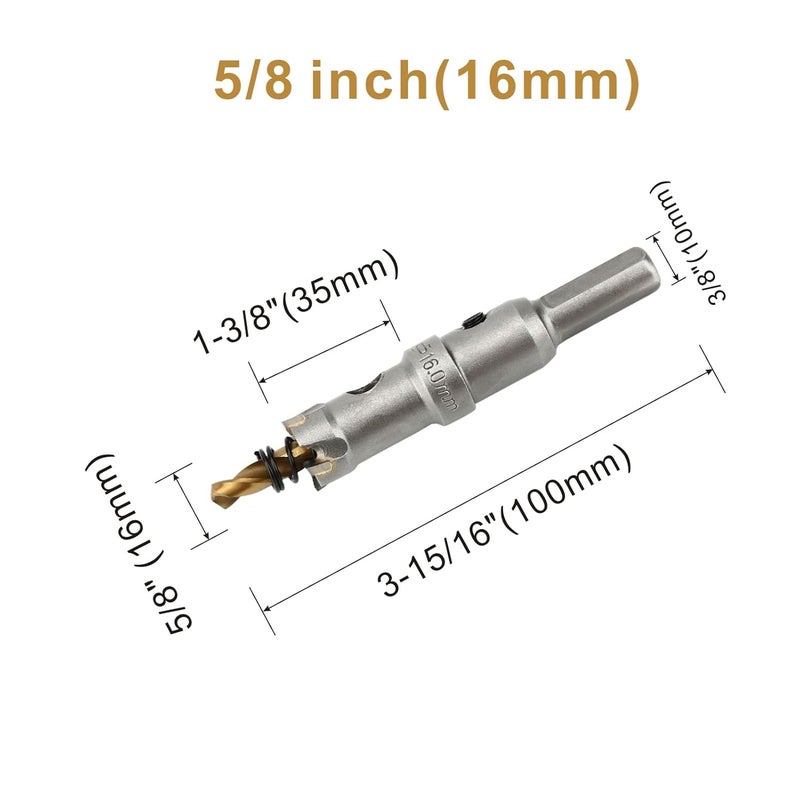 dashap 5/8''(16mm) TCT Hole Saw Kit,Tungsten Carbide Hole Saw Drill Bit with Titanium-Plated Pilot Drill bit for Hard Metal,Alloy,Aluminum,Stainless Steel,Plastic,Iron - Image 2
